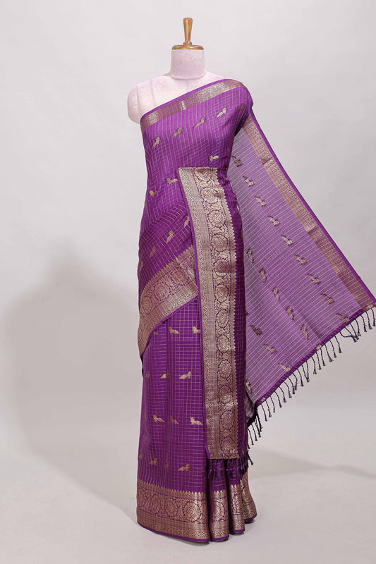 Purple checked peacock zari motifs dola silk saree with self zari border and matching blouse
