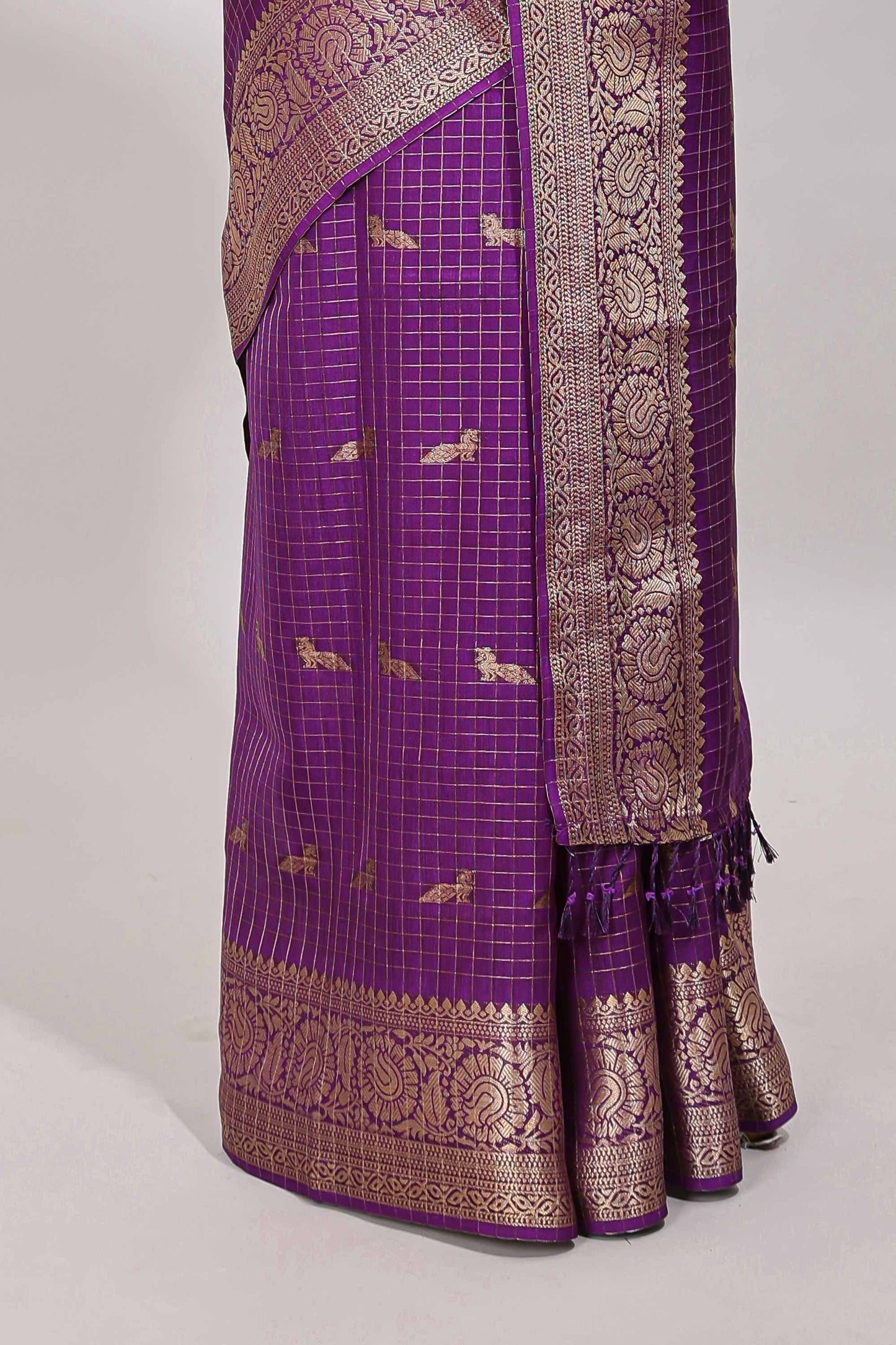 Purple checked peacock zari motifs dola silk saree with self zari border and matching blouse