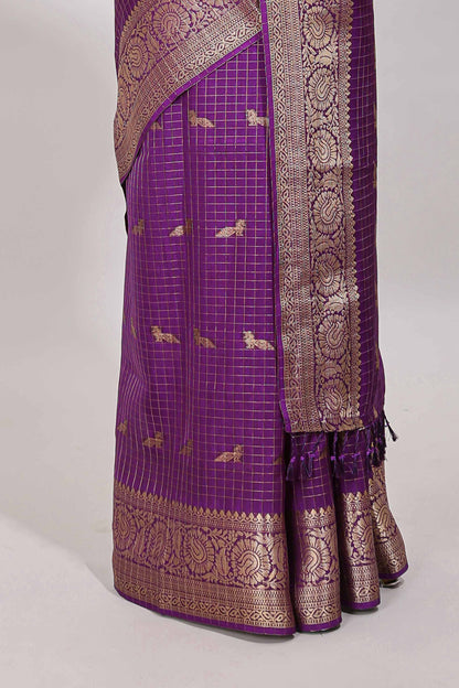Purple checked peacock zari motifs dola silk saree with self zari border and matching blouse