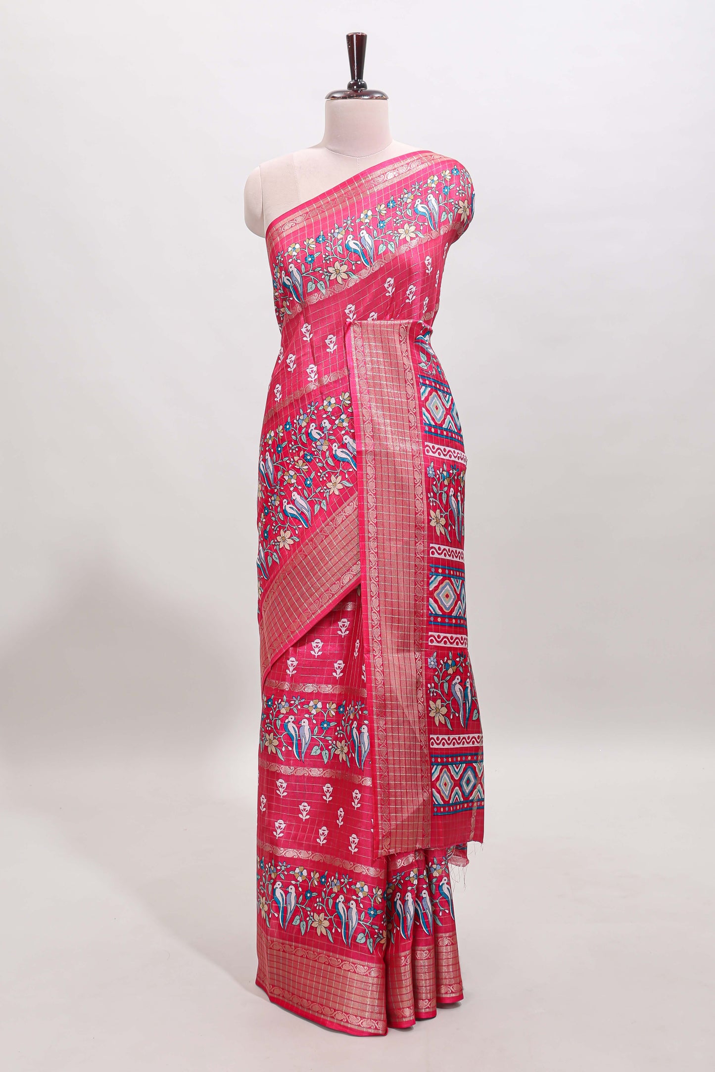 Pink checked floral design dola saree with self zari border and matching blouse