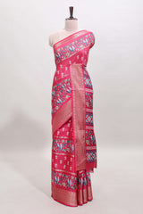 Pink checked floral design dola saree with self zari border and matching blouse