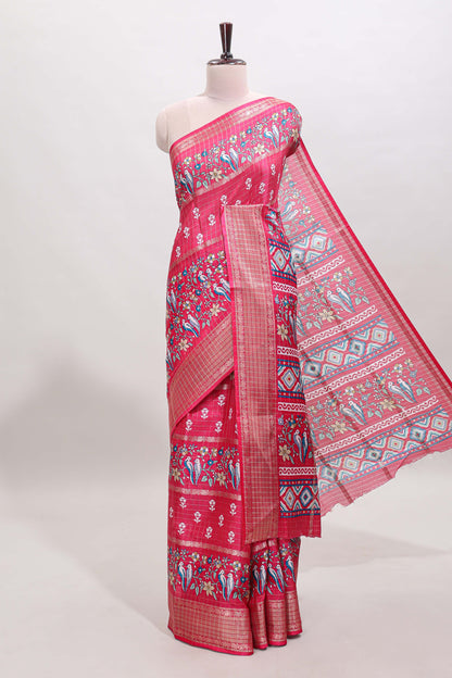 Pink checked floral design dola saree with self zari border and matching blouse