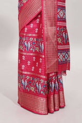 Pink checked floral design dola saree with self zari border and matching blouse