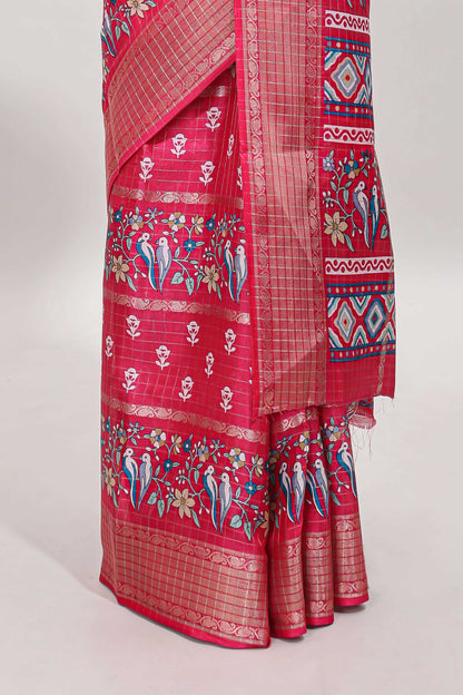 Pink checked floral design dola saree with self zari border and matching blouse