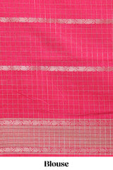 Pink checked floral design dola saree with self zari border and matching blouse