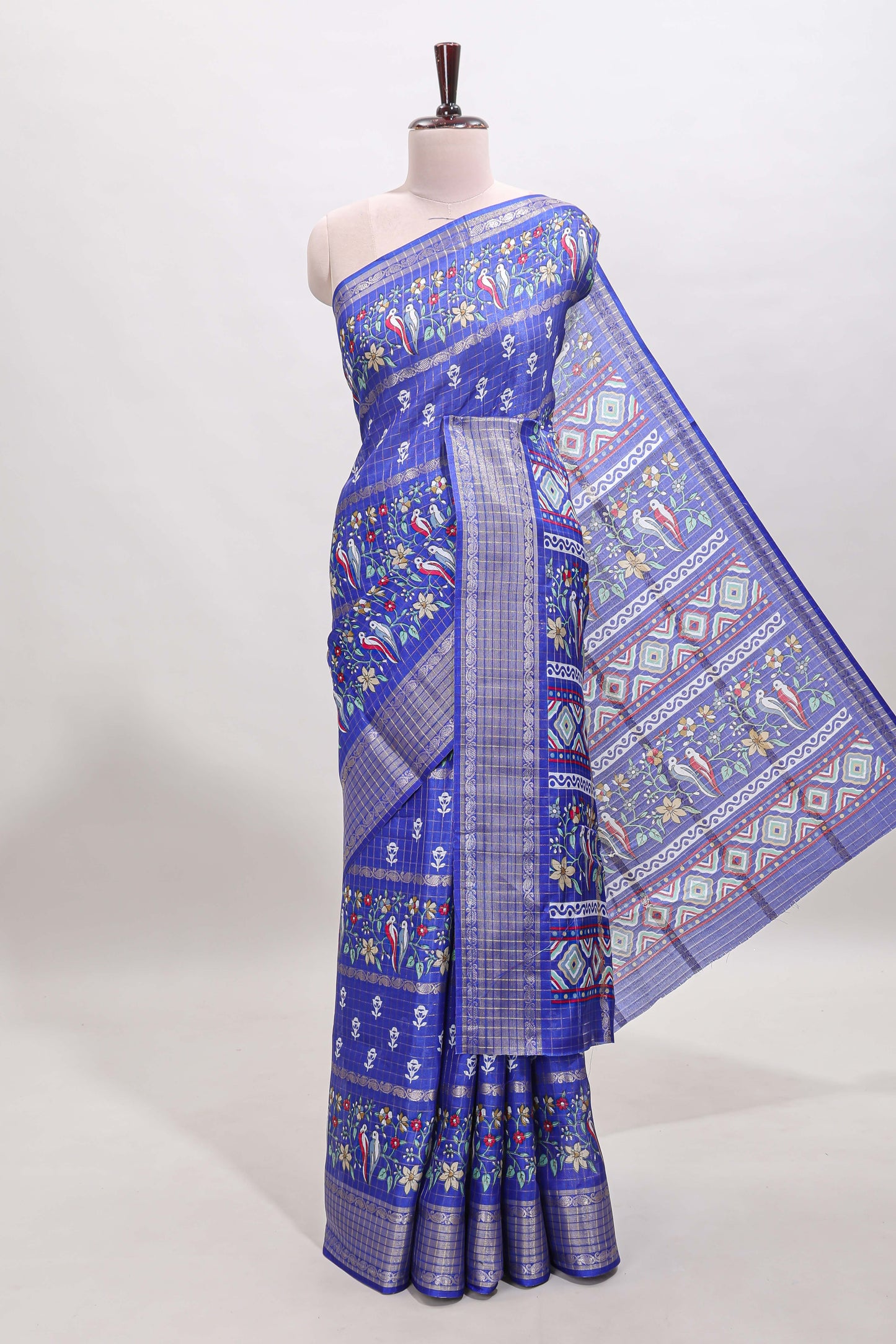 Blue checked floral design dola saree with self zari border and matching blouse