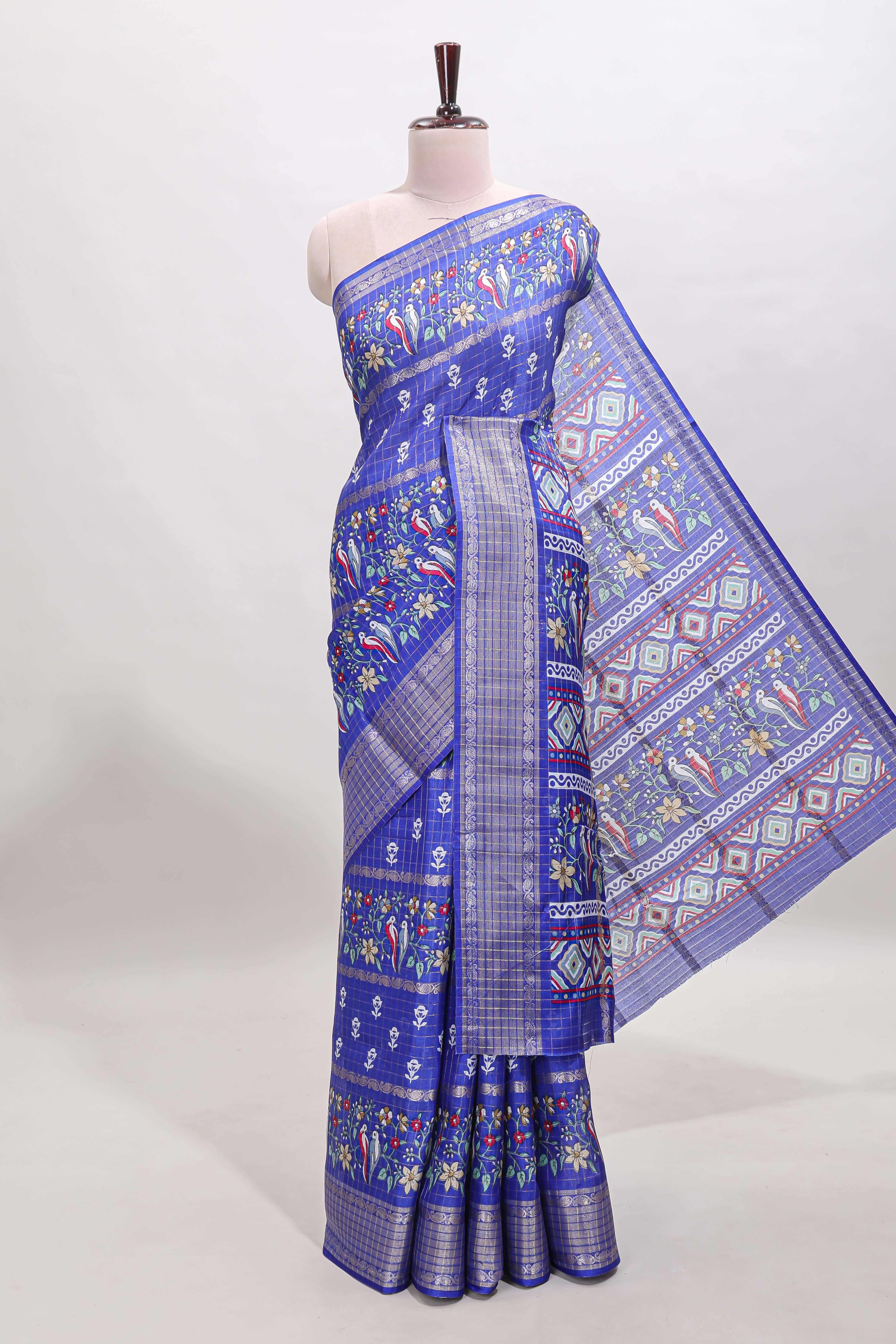 Blue checked floral design dola saree with self zari border and matching blouse