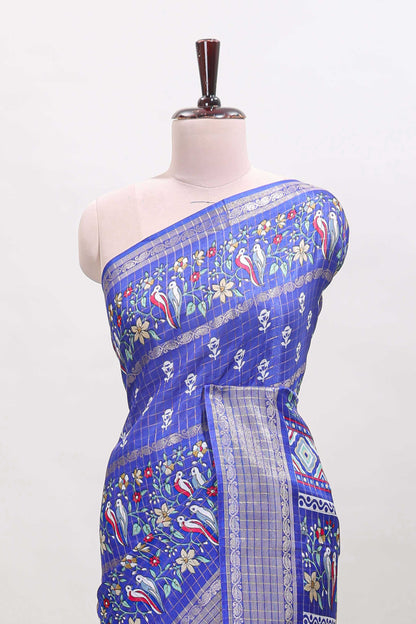 Blue checked floral design dola saree with self zari border and matching blouse
