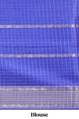 Blue checked floral design dola saree with self zari border and matching blouse