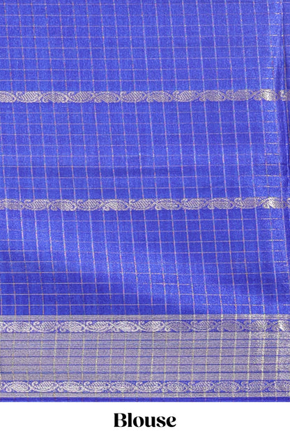 Blue checked floral design dola saree with self zari border and matching blouse