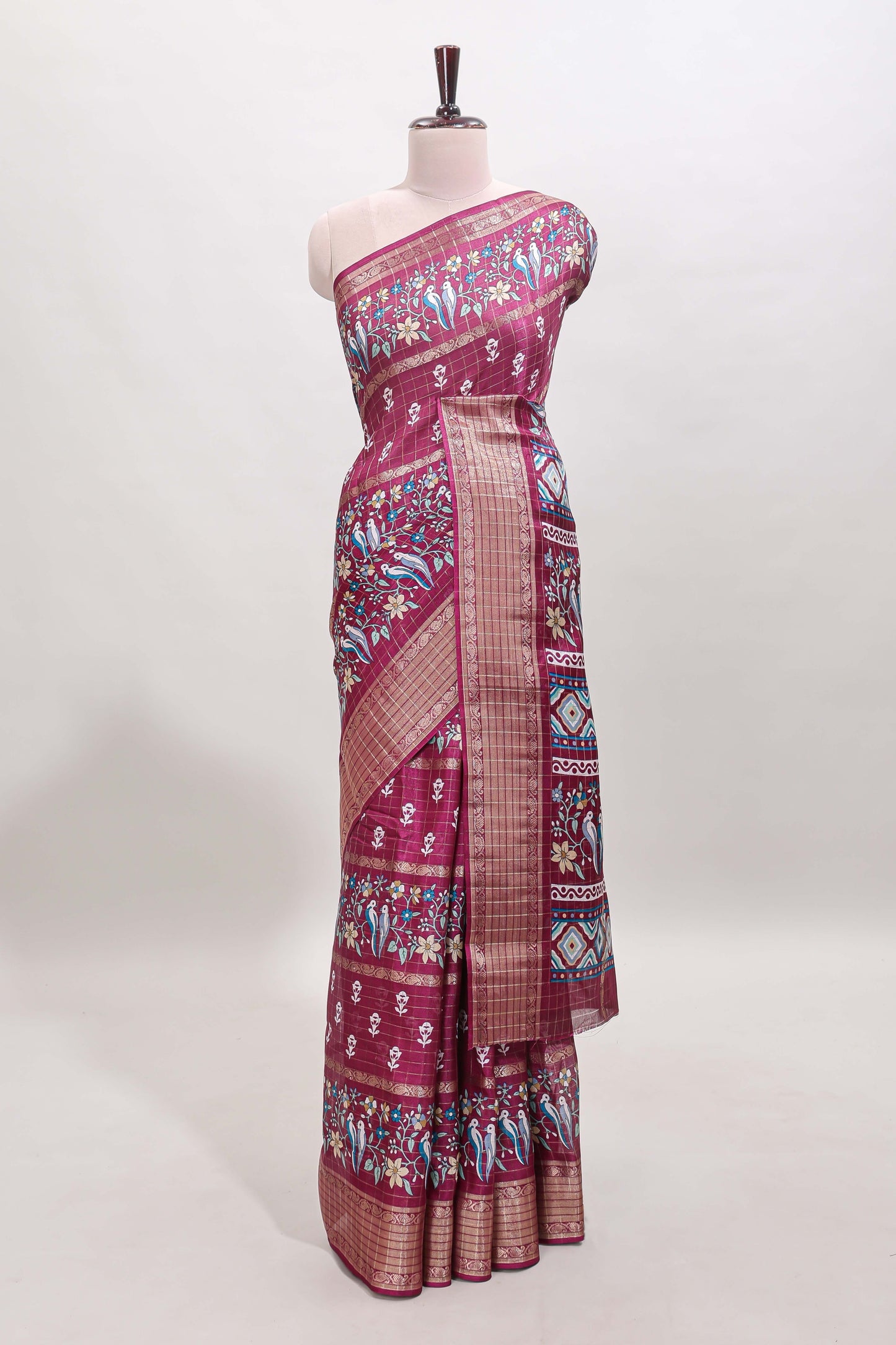 Rose red checked floral design dola saree with self zari border and matching blouse