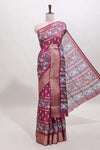 Rose red checked floral design dola saree with self zari border and matching blouse