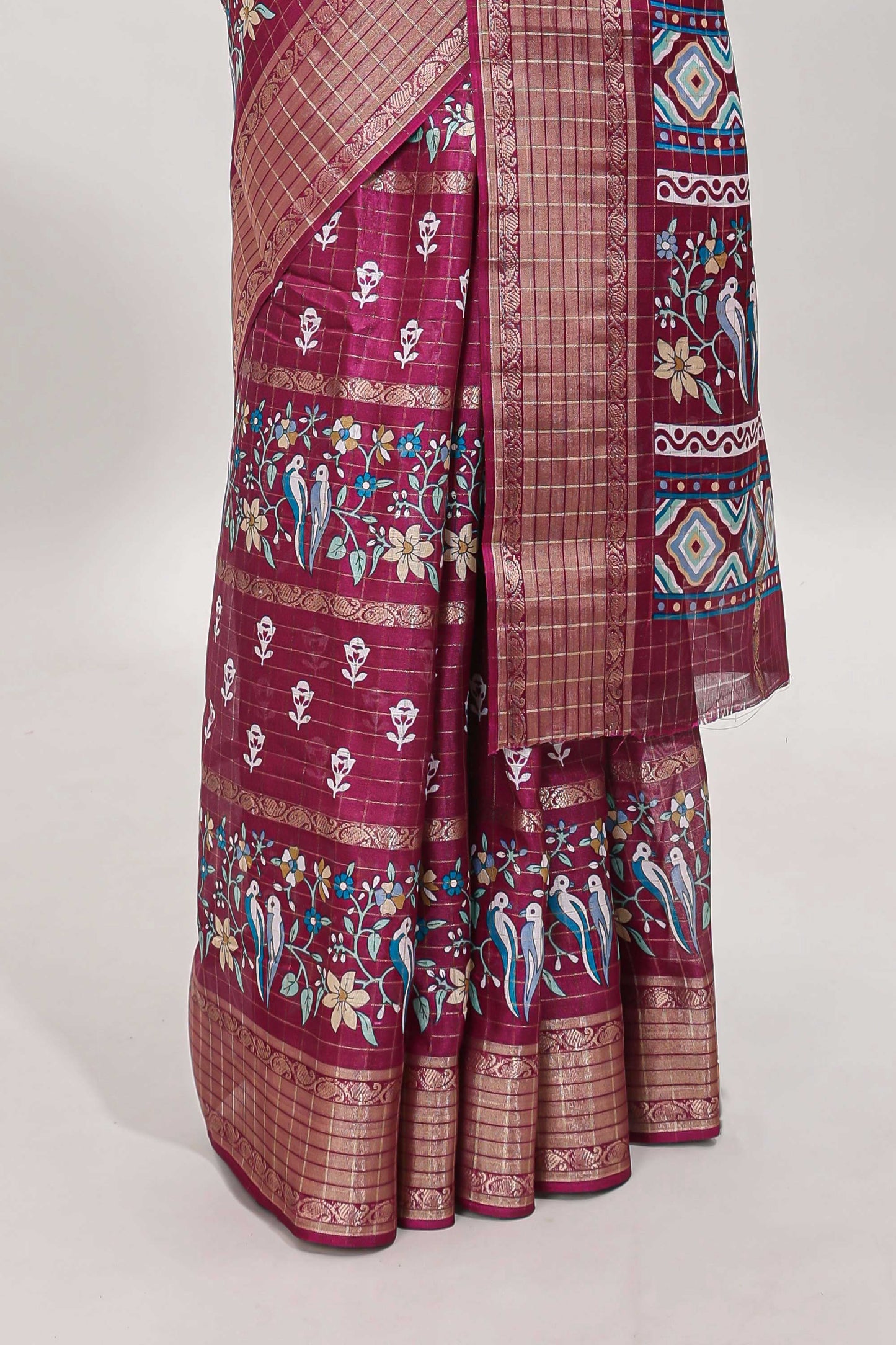 Rose red checked floral design dola saree with self zari border and matching blouse