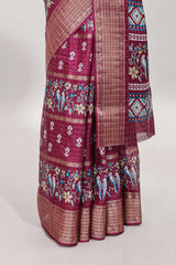 Rose red checked floral design dola saree with self zari border and matching blouse