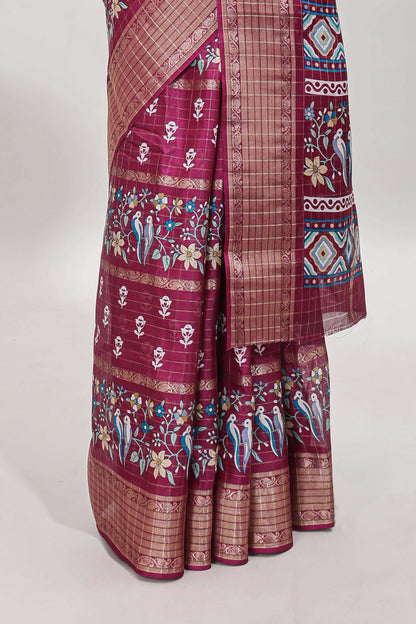 Rose red checked floral design dola saree with self zari border and matching blouse