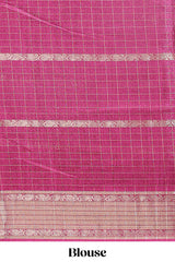 Rose red checked floral design dola saree with self zari border and matching blouse