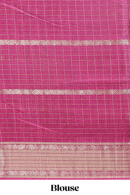 Rose red checked floral design dola saree with self zari border and matching blouse