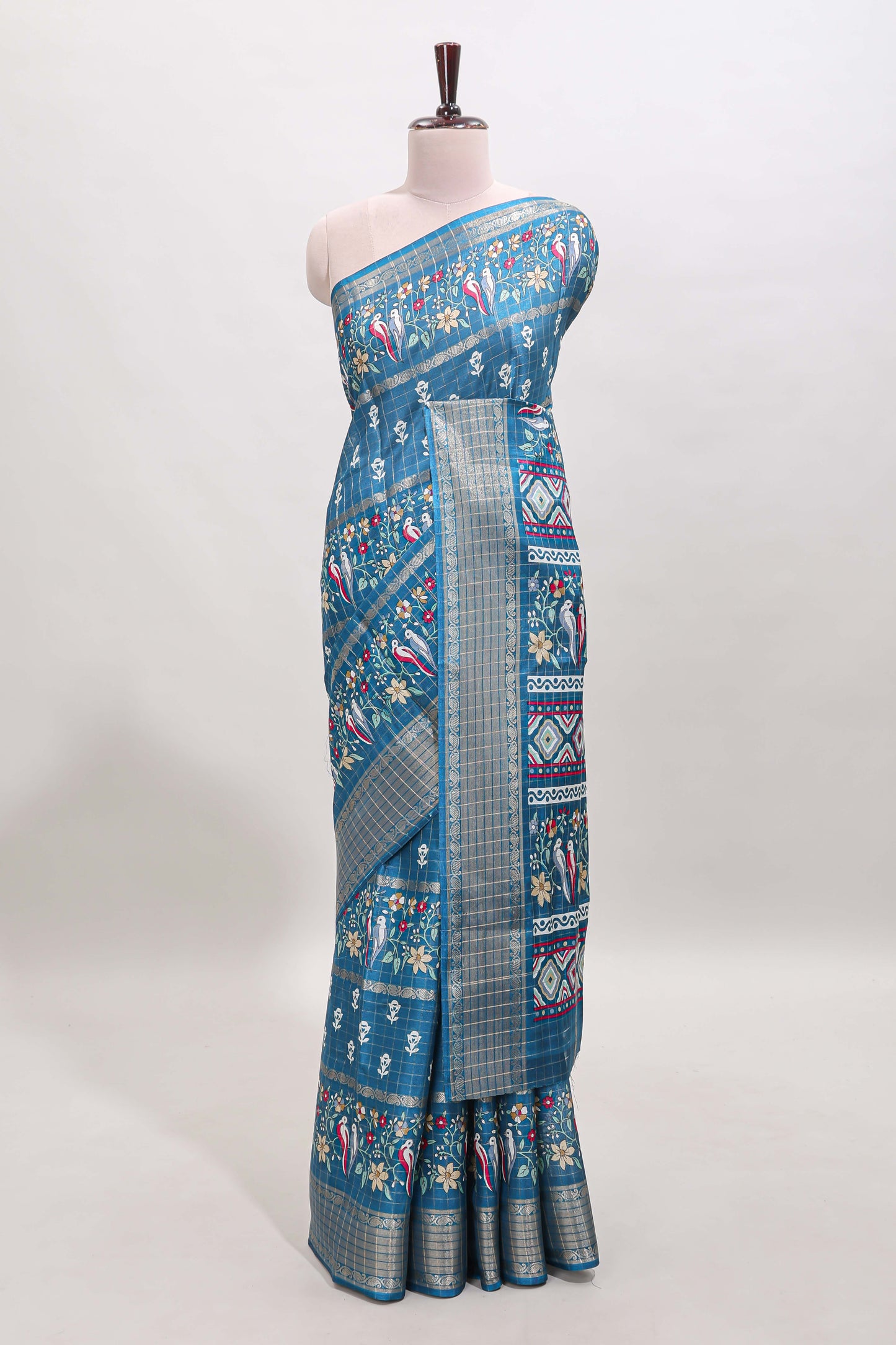 Steel green checked floral design dola saree with self zari border and matching blouse