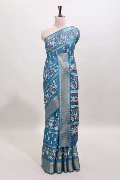 Steel green checked floral design dola saree with self zari border and matching blouse