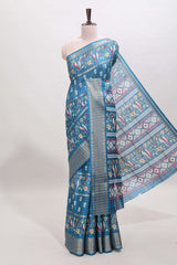 Steel green checked floral design dola saree with self zari border and matching blouse