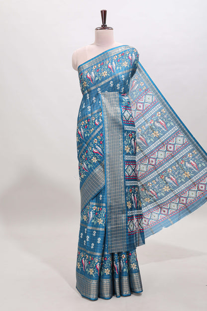 Steel green checked floral design dola saree with self zari border and matching blouse