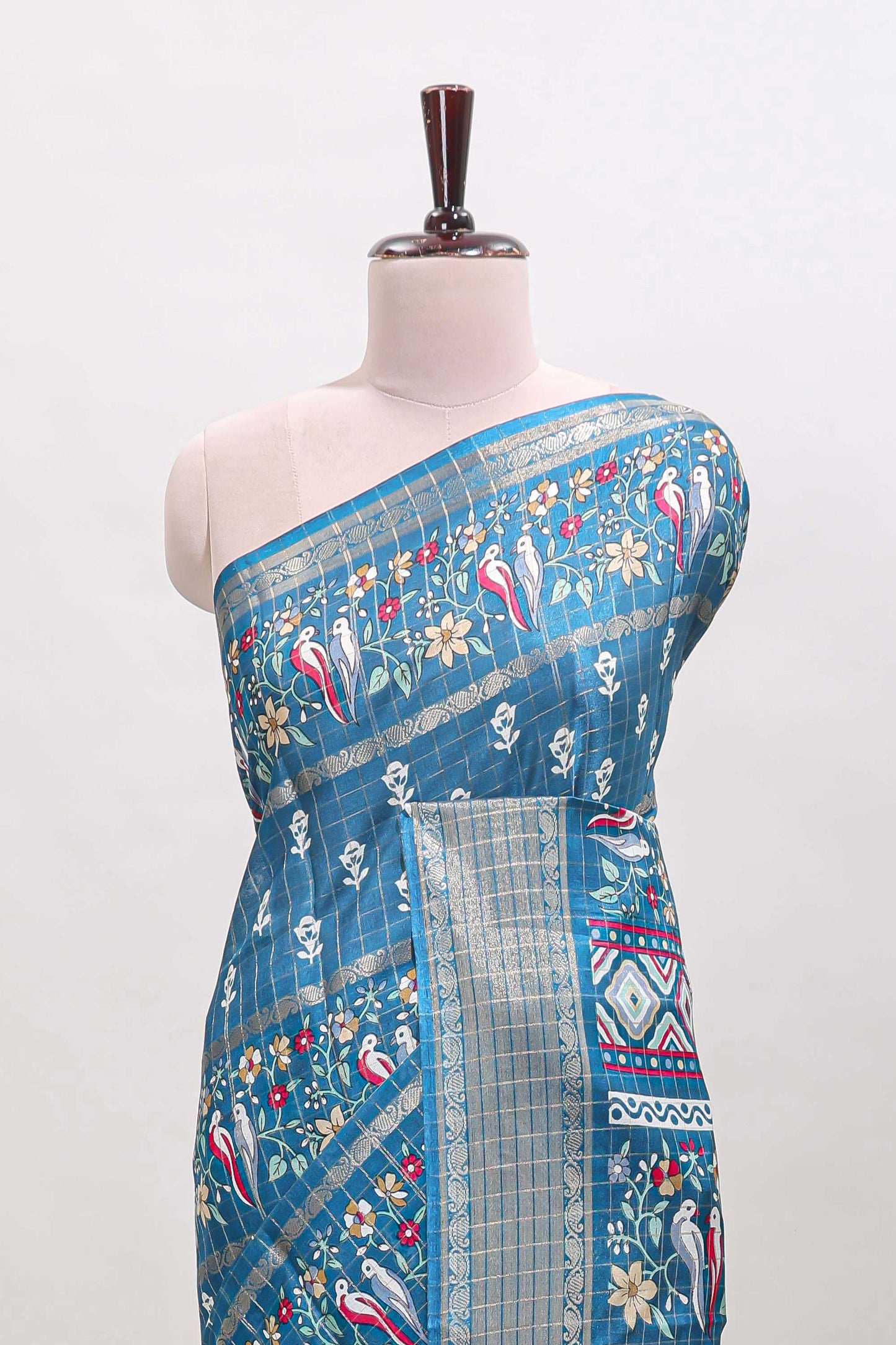 Steel green checked floral design dola saree with self zari border and matching blouse
