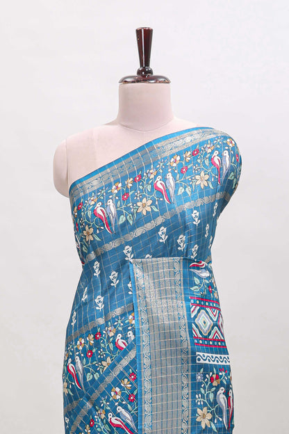 Steel green checked floral design dola saree with self zari border and matching blouse