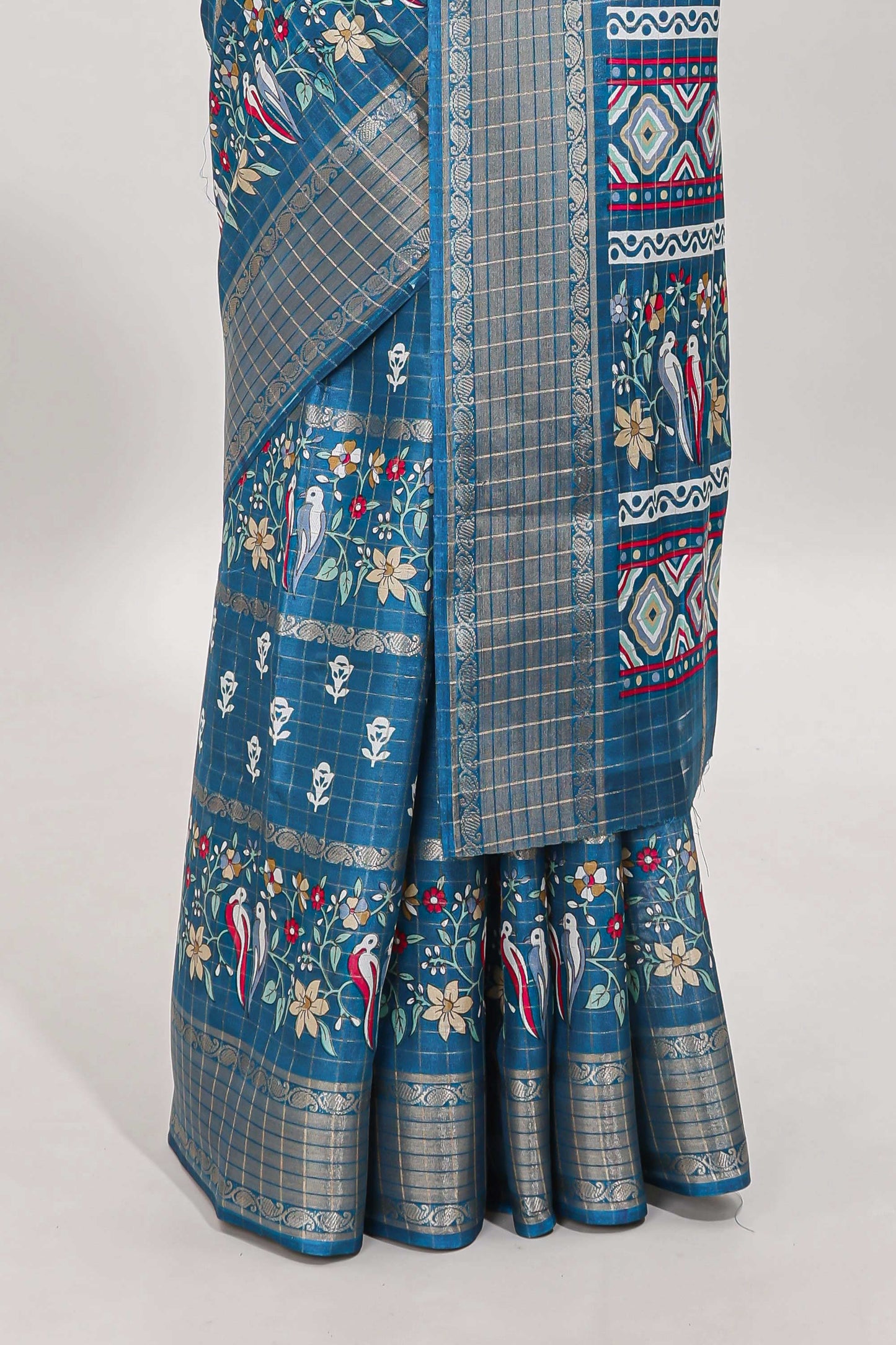 Steel green checked floral design dola saree with self zari border and matching blouse