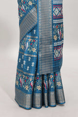 Steel green checked floral design dola saree with self zari border and matching blouse