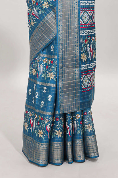 Steel green checked floral design dola saree with self zari border and matching blouse