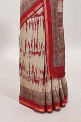 Brown shibori style chanderi cotton saree with contrast maroon border and blouse