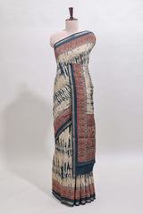 Brown shibori style chanderi cotton saree with contrast blue border and blouse
