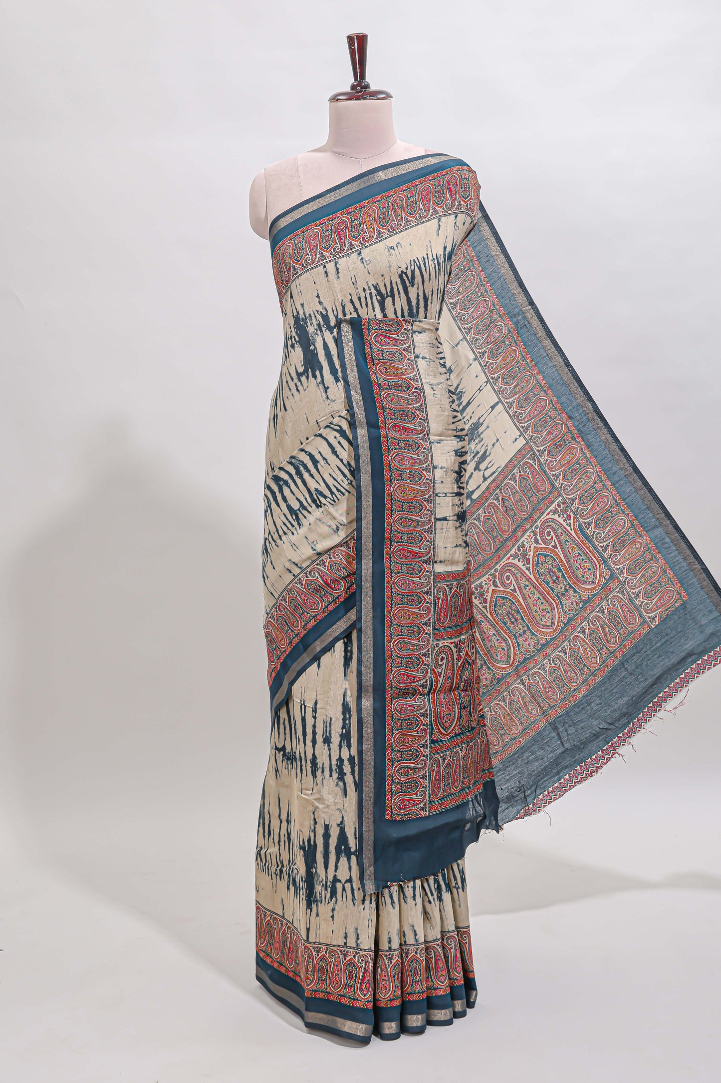 Brown shibori style chanderi cotton saree with contrast blue border and blouse