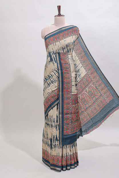 Brown shibori style chanderi cotton saree with contrast blue border and blouse