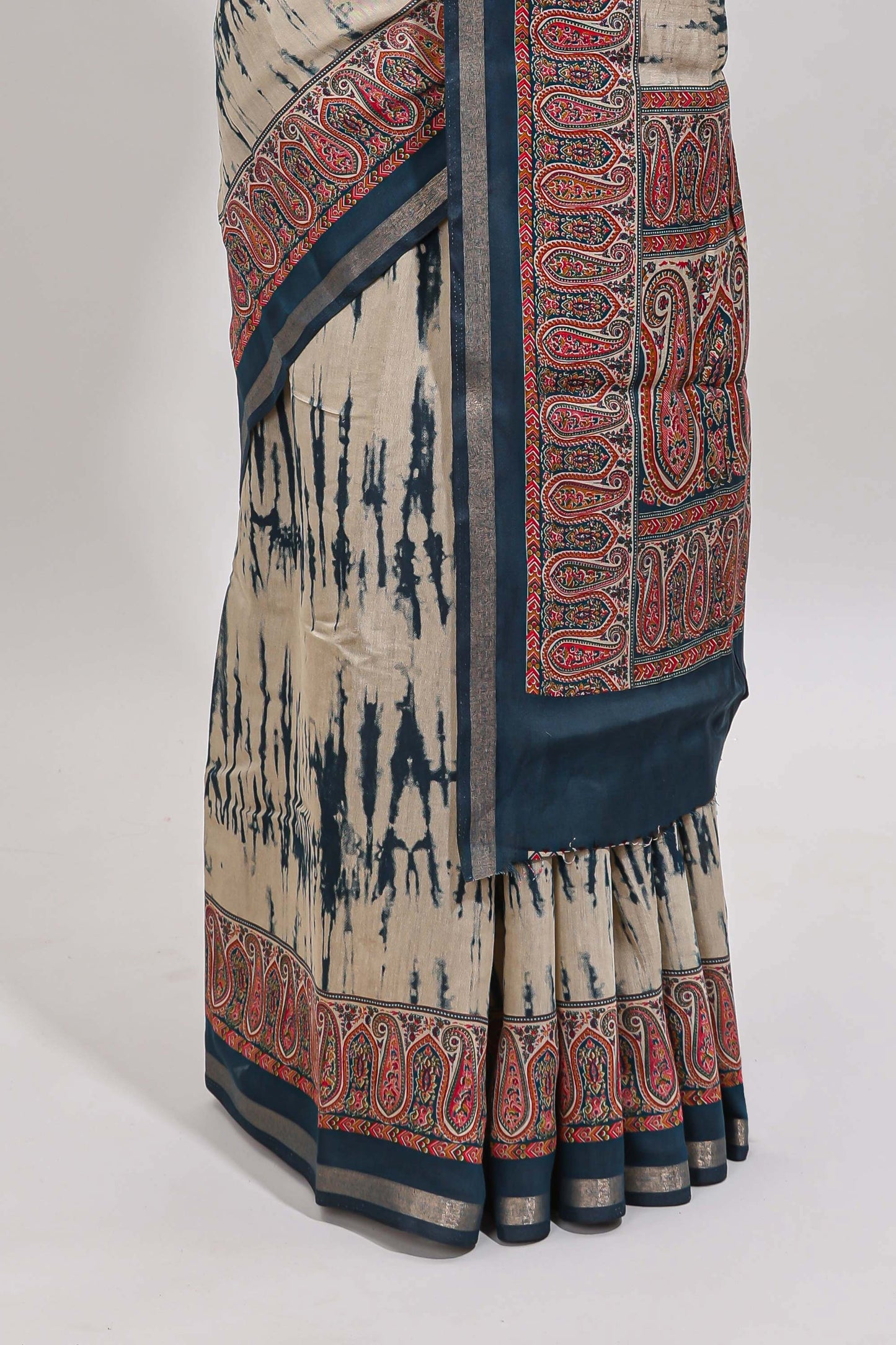 Brown shibori style chanderi cotton saree with contrast blue border and blouse