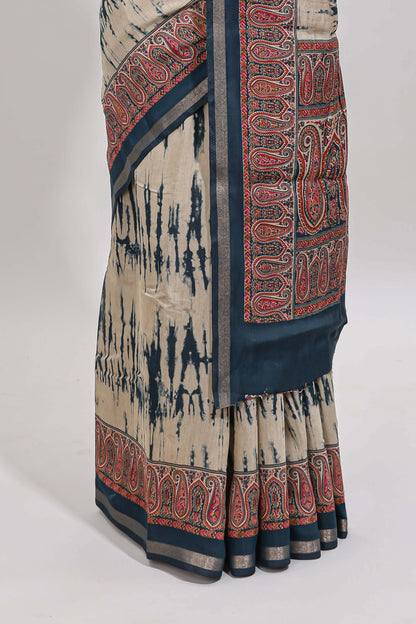 Brown shibori style chanderi cotton saree with contrast blue border and blouse