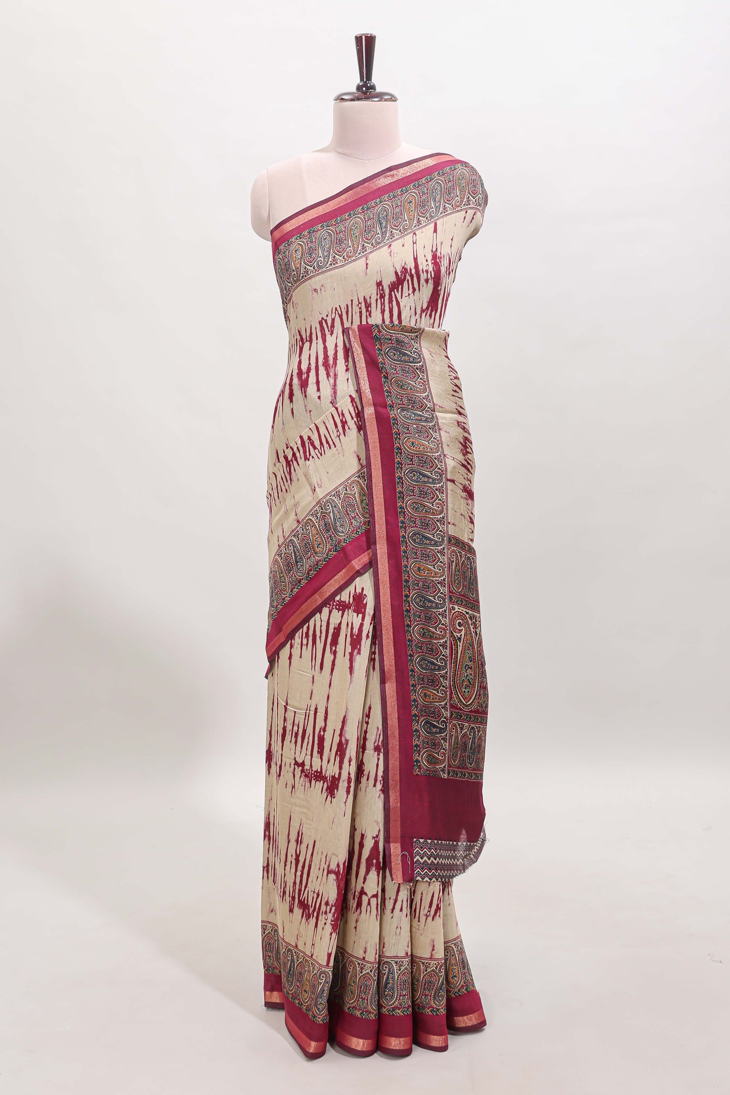 Brown shibori style chanderi cotton saree with contrast magenta border and blouse