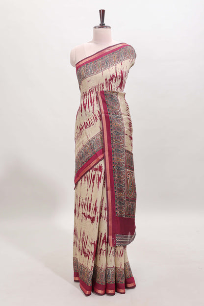 Brown shibori style chanderi cotton saree with contrast magenta border and blouse