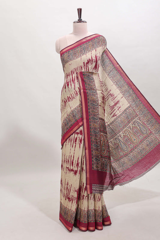 Brown shibori style chanderi cotton saree with contrast magenta border and blouse
