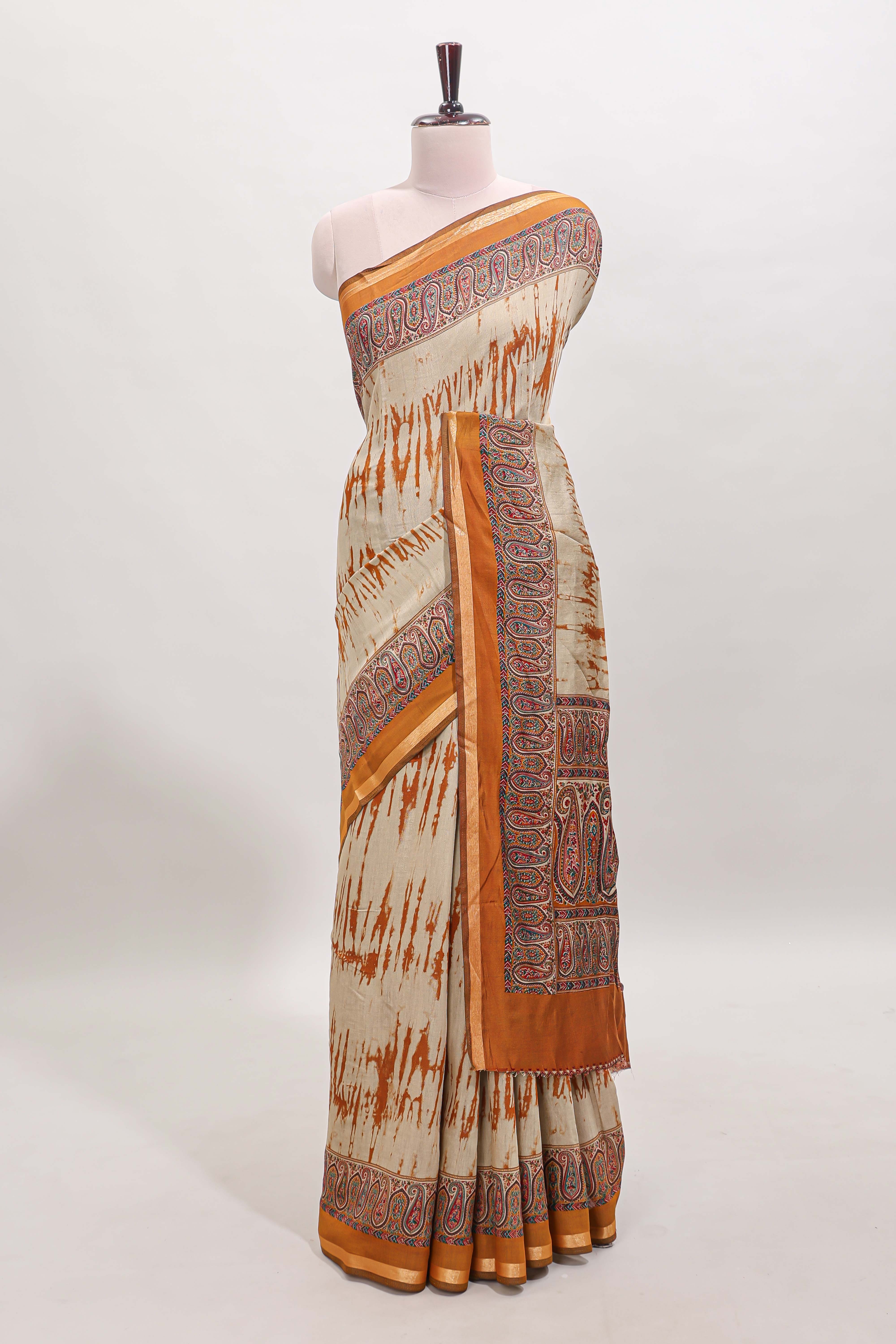 Brown shibori style chanderi cotton saree with contrast mustard border and blouse