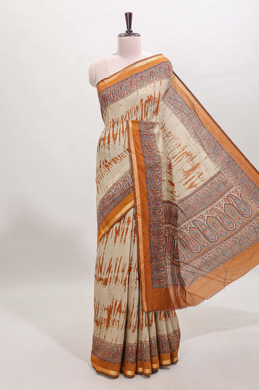 Brown shibori style chanderi cotton saree with contrast mustard border and blouse