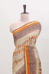 Brown shibori style chanderi cotton saree with contrast mustard border and blouse