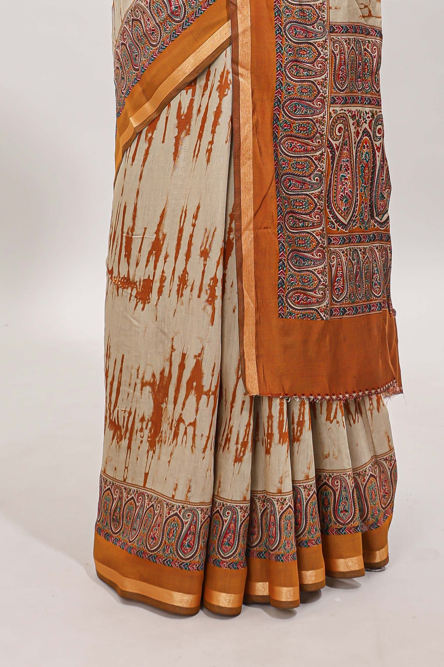 Brown shibori style chanderi cotton saree with contrast mustard border and blouse