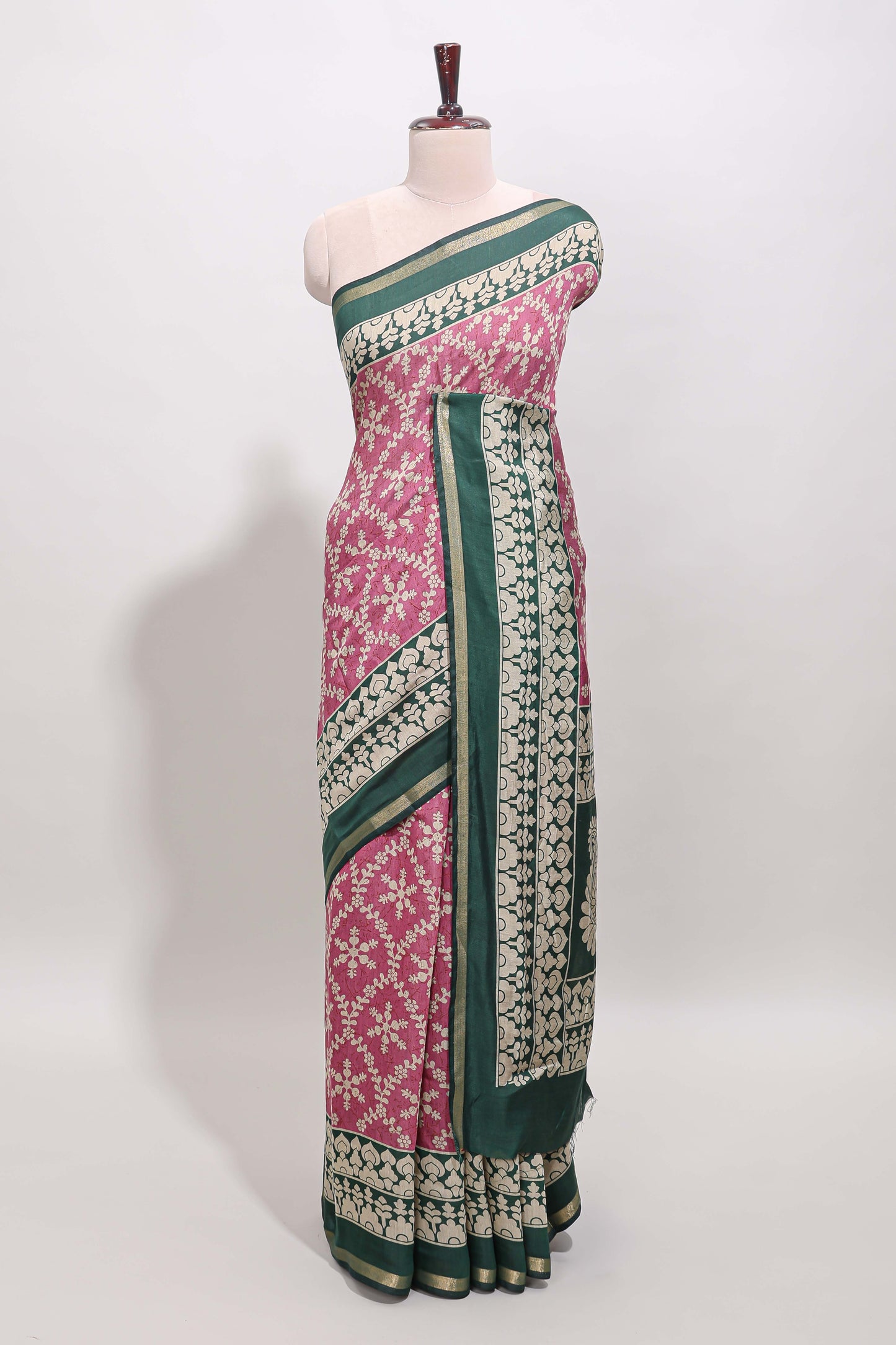 Onion pink floral vine print chanderi cotton saree with contrast border and blouse