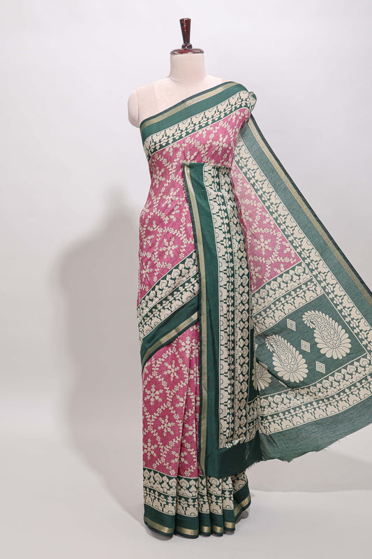 Onion pink floral vine print chanderi cotton saree with contrast border and blouse