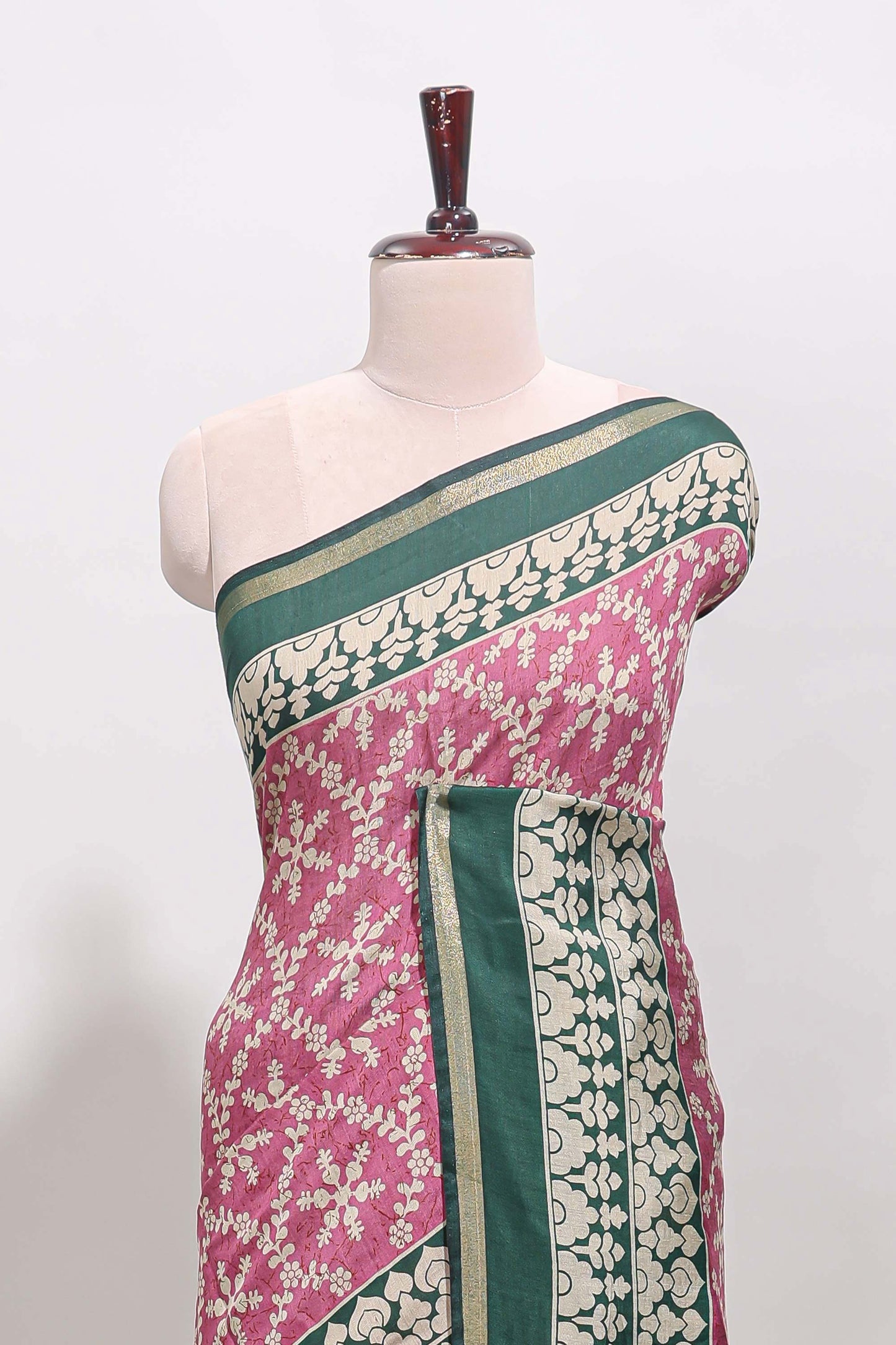 Onion pink floral vine print chanderi cotton saree with contrast border and blouse