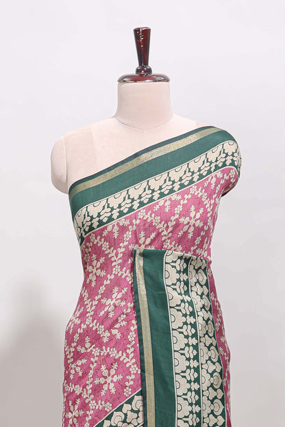 Onion pink floral vine print chanderi cotton saree with contrast border and blouse