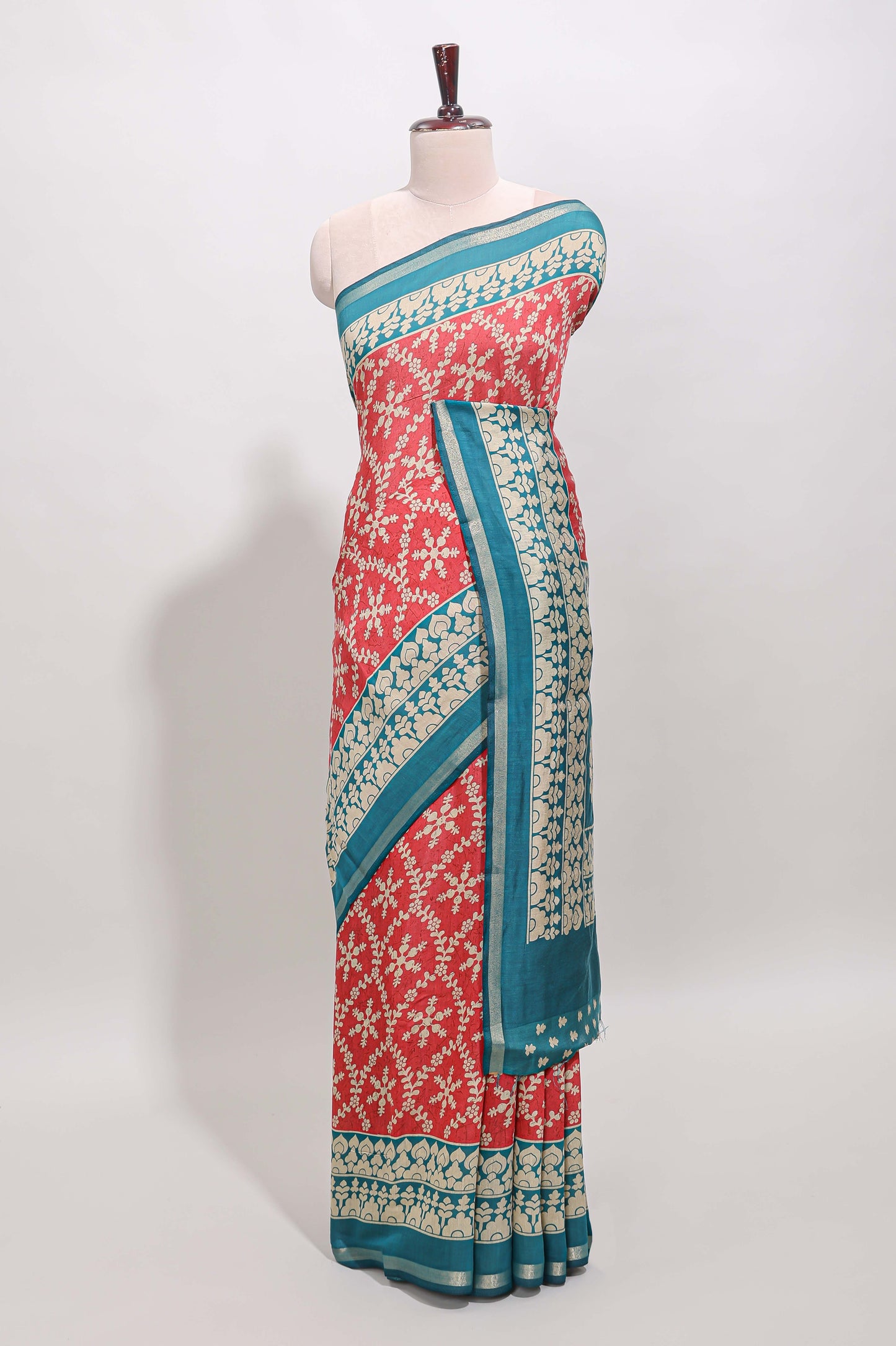 Red floral vine print chanderi cotton saree with contrast border and blouse