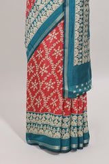 Red floral vine print chanderi cotton saree with contrast border and blouse