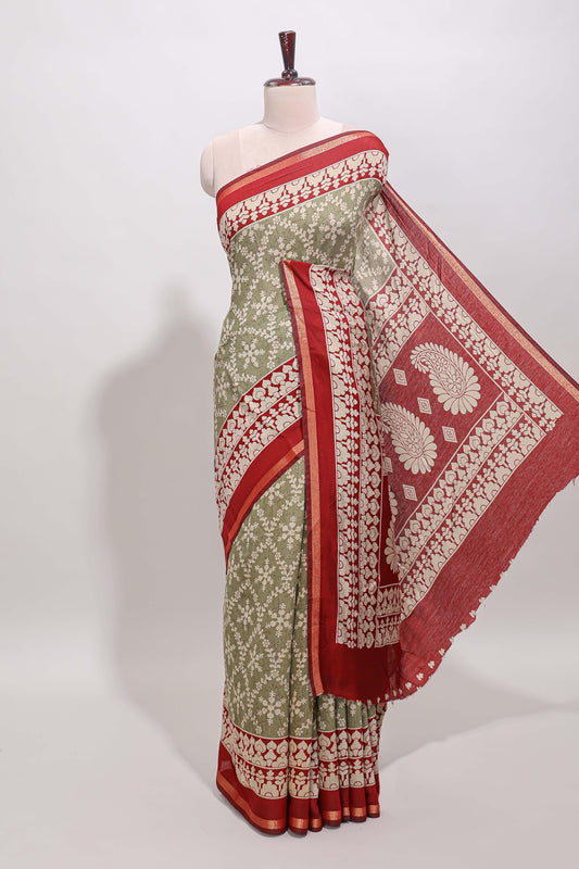 Green floral vine print chanderi cotton saree with contrast border and blouse